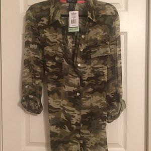NWT Sheer Camo Button Up Blouse